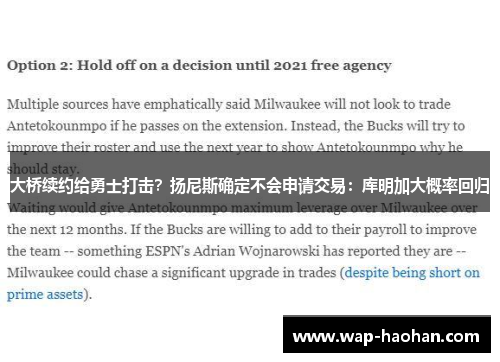 大桥续约给勇士打击？扬尼斯确定不会申请交易：库明加大概率回归